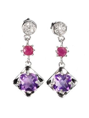 Stunning Natural Amethyst 1CT cushion & Ruby Dangle Earrings 925 Sterling Silver